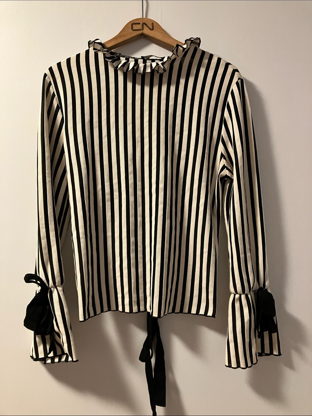 Zara Black & White Vertical Stripe Ruffle Neck Blouse with Open Back Summer 2017